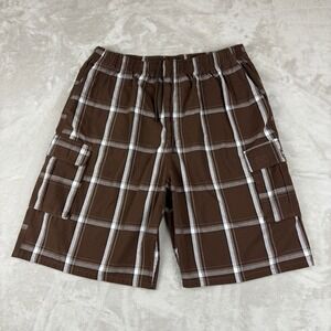 Shaka Wear Shorts Mens 4XL Brown White Plaid Cargo Elastic Waist Baggy